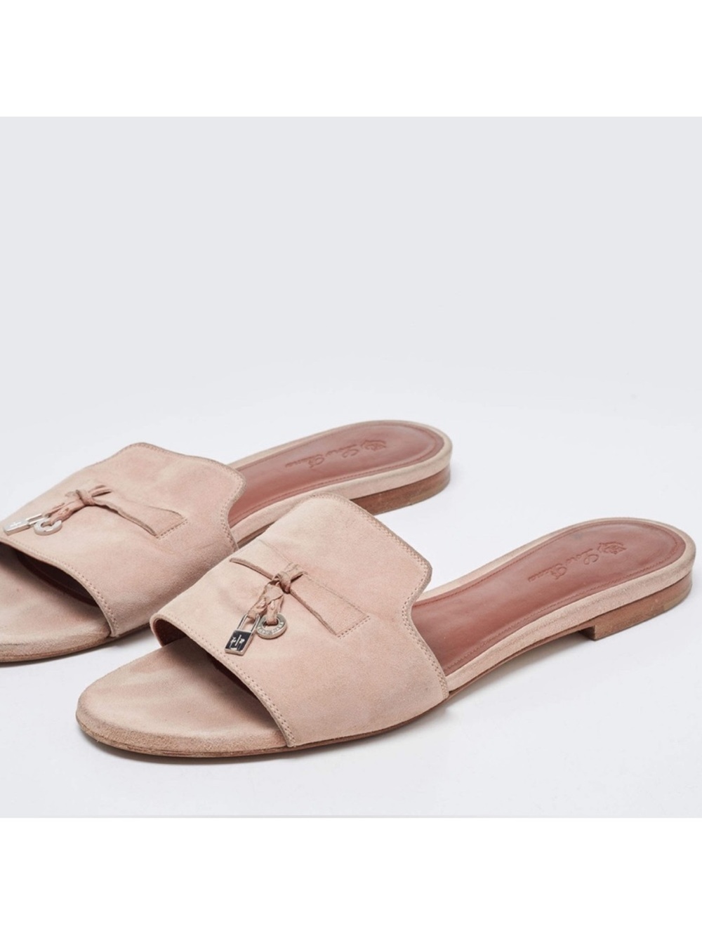 Loro Piana Summer Charms Suede Slides Sandals Sandstone Light EU38
